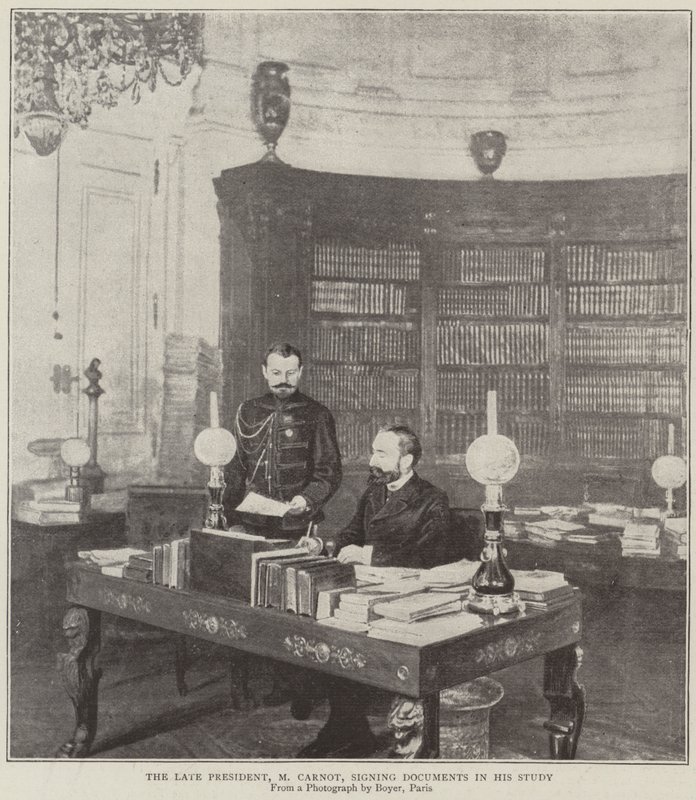Den avdøde presidenten, herr Carnot, signerer dokumenter i sin studie av English Photographer