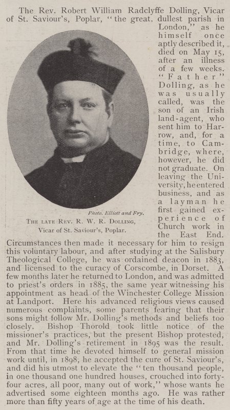 Avdøde pastor R W R Dolling, Vicar of St Saviours, Poplar av English Photographer