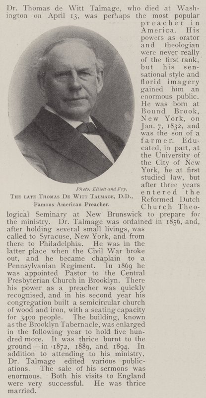 Avdøde Thomas de Witt Talmage, DD, kjent amerikansk predikant av English Photographer