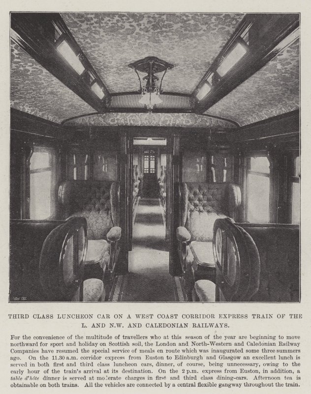 Tredje klasse lunsjbil på et West Coast Corridor Express-tog fra L og NW og Caledonian Railways av English Photographer