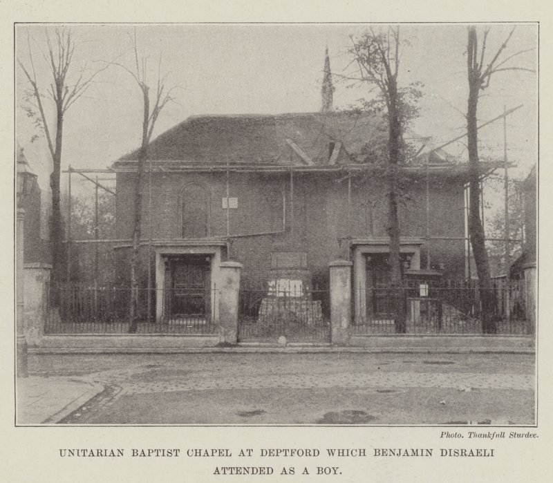 Unitarisk baptistkapell i Deptford som Benjamin Disraeli deltok som gutt av English Photographer