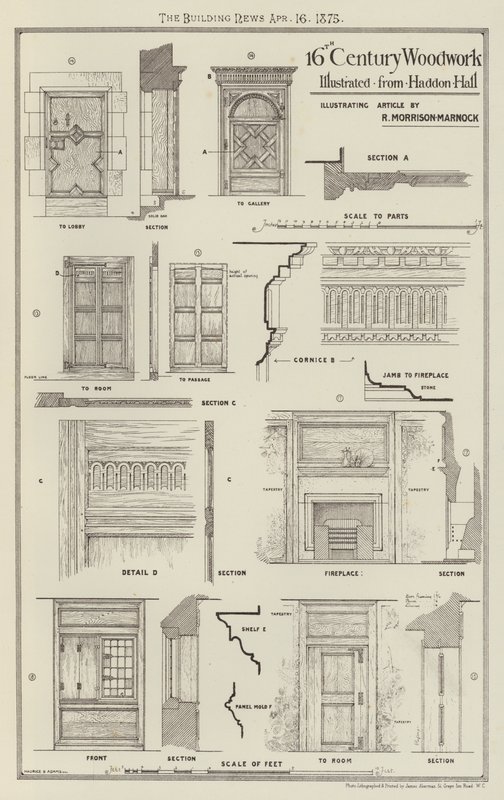16th Century Woodwork, illustrert fra Haddon Hall (gravering) av English School
