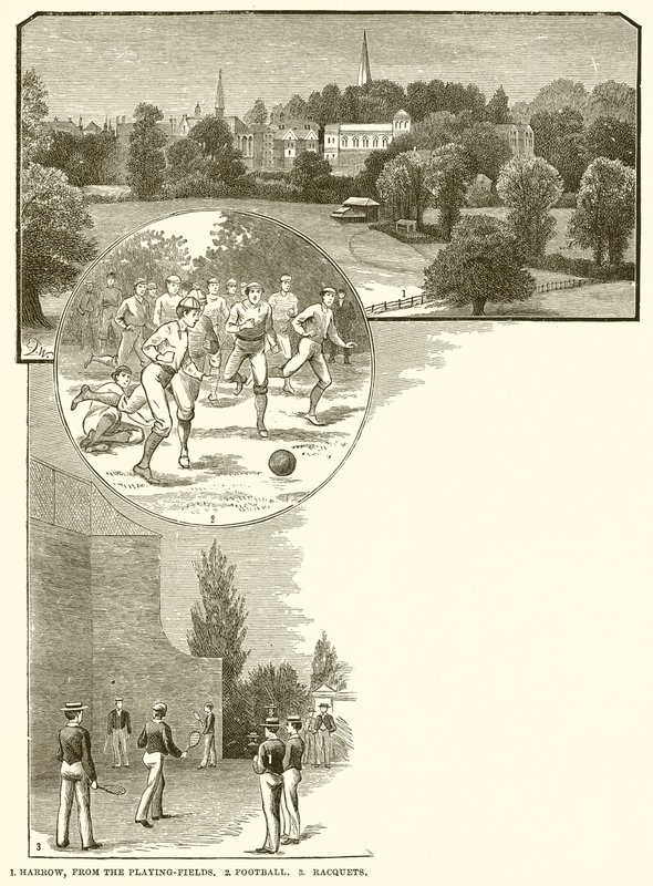 1. Harve, fra spillefeltene. 2. Fotball. 3. Racketter av English School