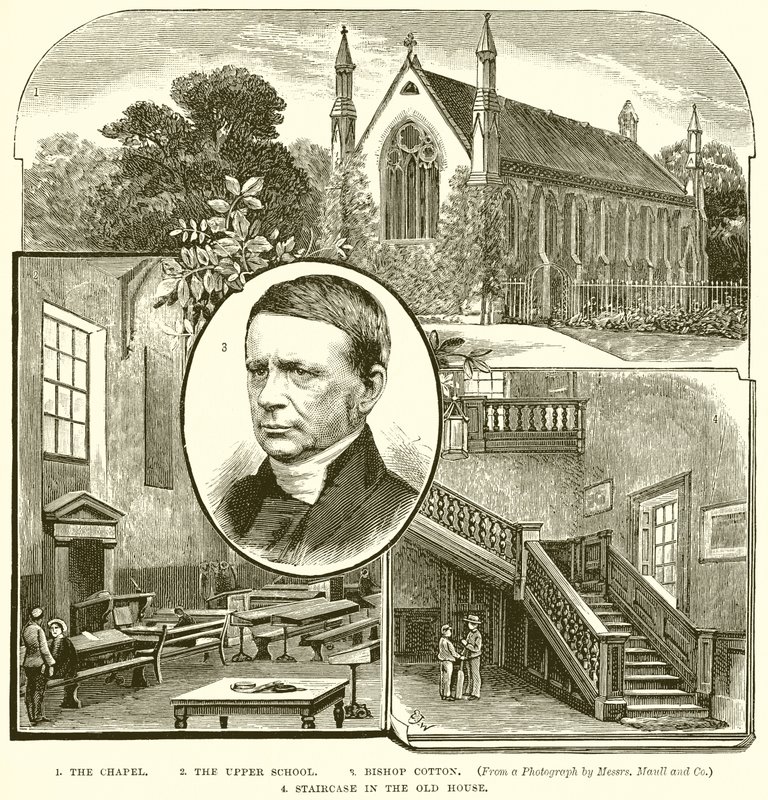 1. Kapellet. 2. Overskolen. 3. Biskop Cotton. 4. Trapp i Gamlehuset av English School
