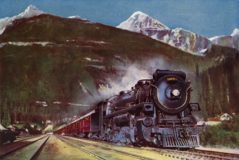 2-10-4 damplokomotiv fra Canadian Pacific Railway ved foten av Rocky Mountains, Canada (farge litho) av English School