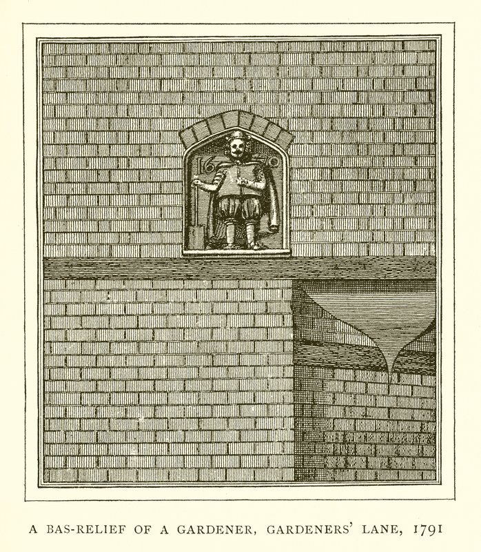 Et bas-relieff av en gartner, Gardeners Lane, 1791 av English School