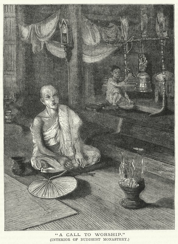 "Et kall til tilbedelse," interiøret i buddhistklosteret (gravering) av English School