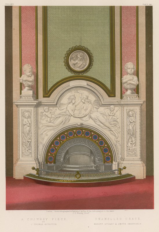 A Chimney Piece av J Thomas, skulptør; Emaljert rist, herrer Stuart og Smith Sheffield av English School