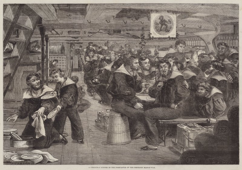 En julemiddag i Forecastle of the Pembroke Man-of-War (gravering) av English School