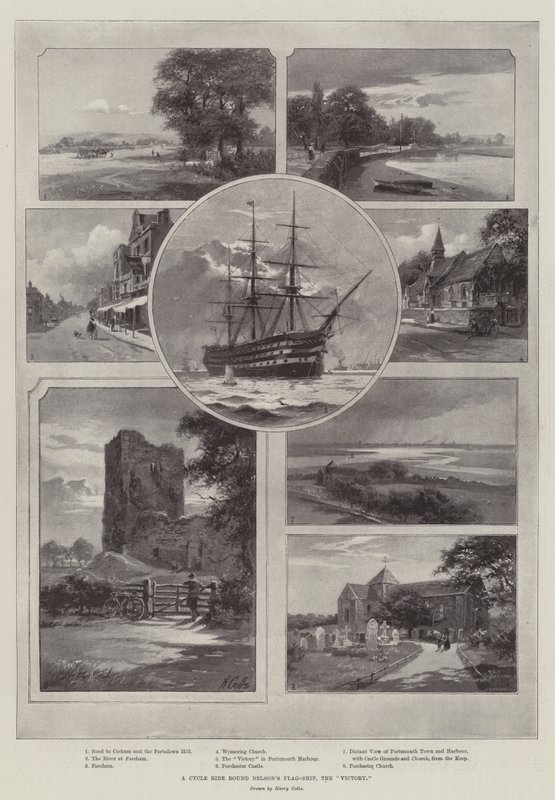 En sykkeltur rundt Nelsons flaggskip, "Victory" (litho) av English School