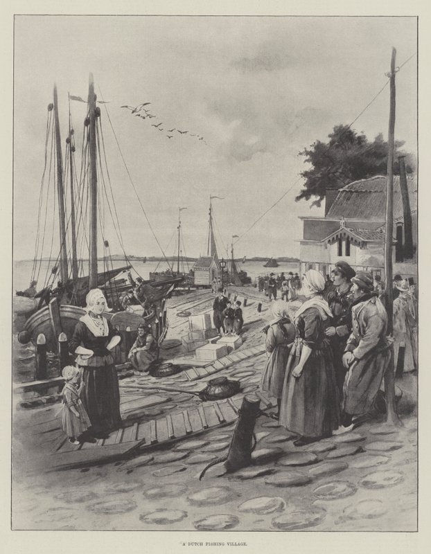 En nederlandsk fiskelandsby (litho) av English School