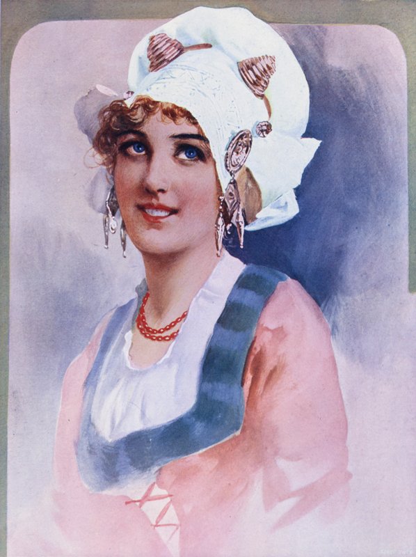 En nederlandsk jomfru (farge litho) av English School