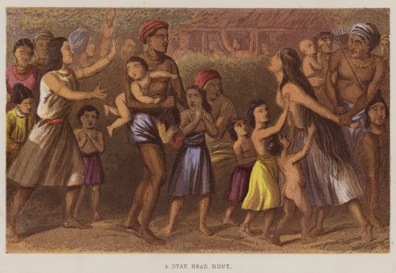 En Dyak-hodejakt (farge litho) av English School