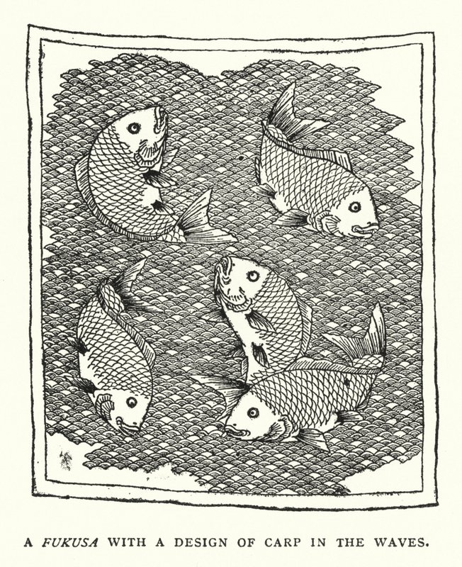 En Fukusa med et design av Carp in the Waves (litho) av English School