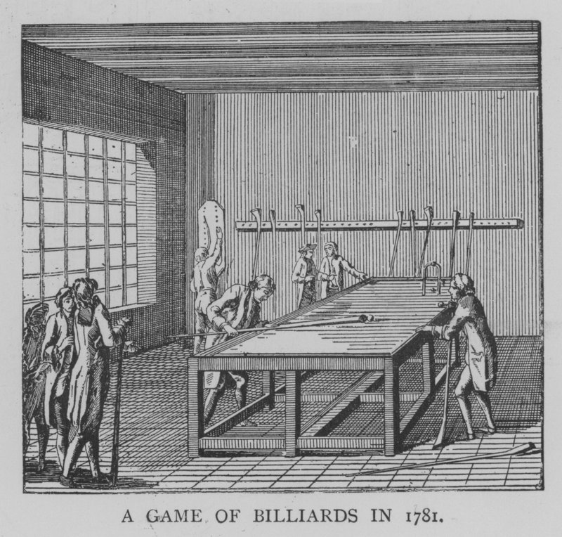 Et spill med biljard i 1781 (gravering) av English School