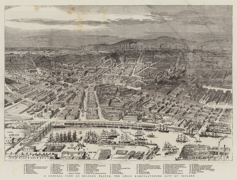Et generelt syn på Belfast, Ulster, sjefsproduksjonsbyen i Irland (gravering) av English School