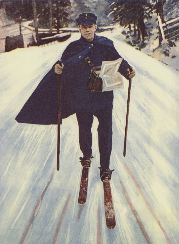 En tysk postmann på ski (farge litho) av English School