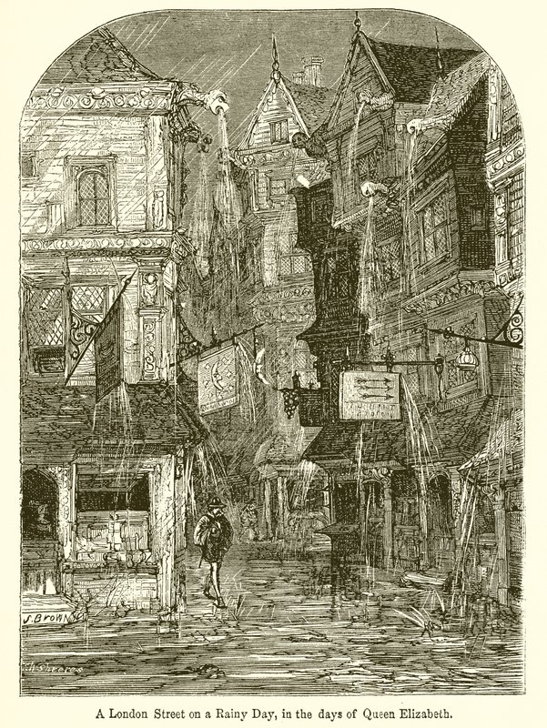 En London Street på en regnværsdag, i dronning Elizabeths dager av English School