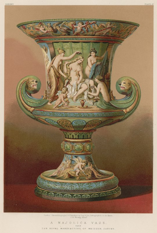 En majolikavase fra Den kongelige fabrikk i Meissen, Sachsen (chromolitho) av English School