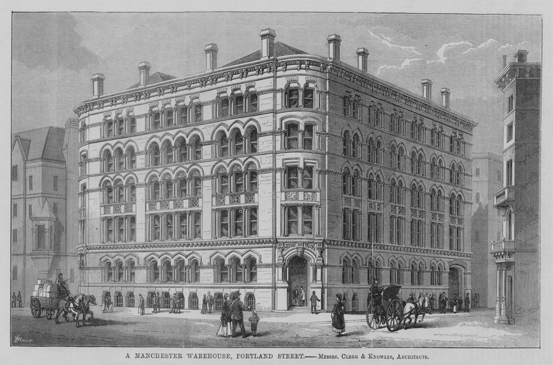 A Manchester Warehouse, Portland Street, Mrs Clegg og Knowles, Architects. Illustrasjon for Byggeren av English School