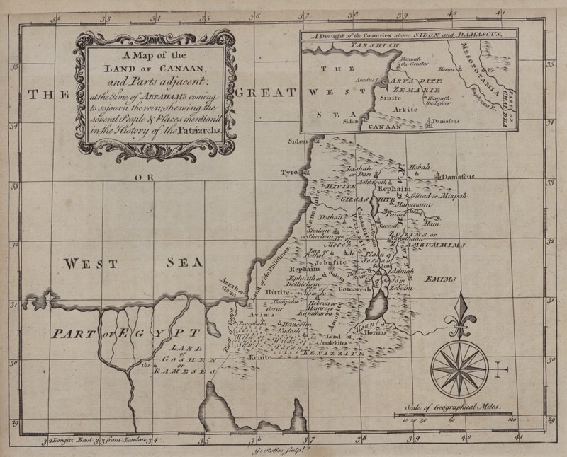Et kart over Kanaans land og tilstøtende deler på den tiden da Abraham kom for å oppholde seg i landet, som viser de forskjellige menneskene og stedene som er nevnt i patriarkenes historie (gravering) av English School