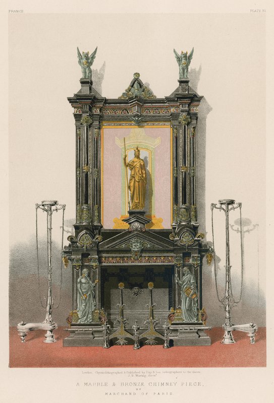 En skorsteinsdel i marmor og bronse av Marchand fra Paris (chromolitho) av English School