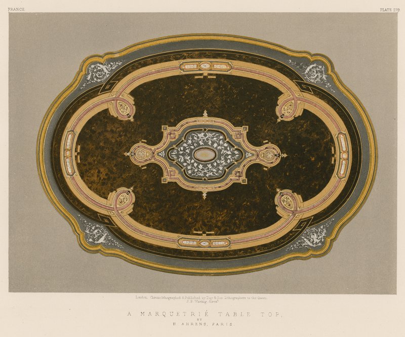 En Marquetrie-bordplate av H Ahrens, Paris av English School