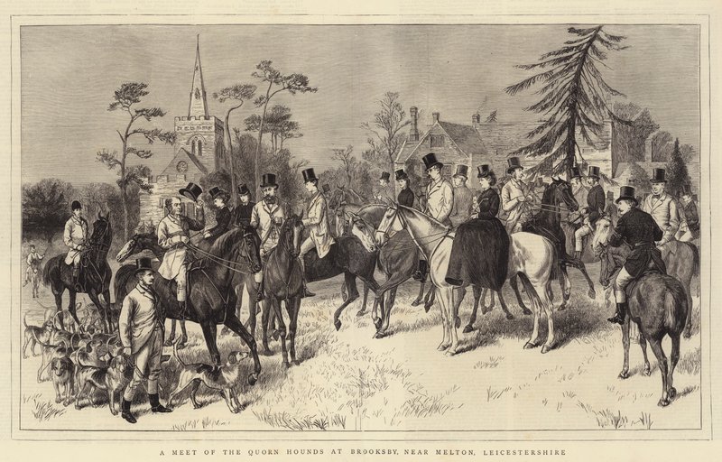 A Meet of the Quorn Hounds på Brooksby, nær Melton, Leicestershire (gravering) av English School