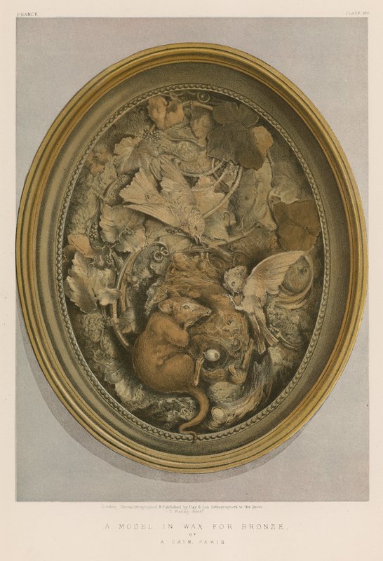 En modell i voks for bronse av A Cain, Paris (chromolitho) av English School