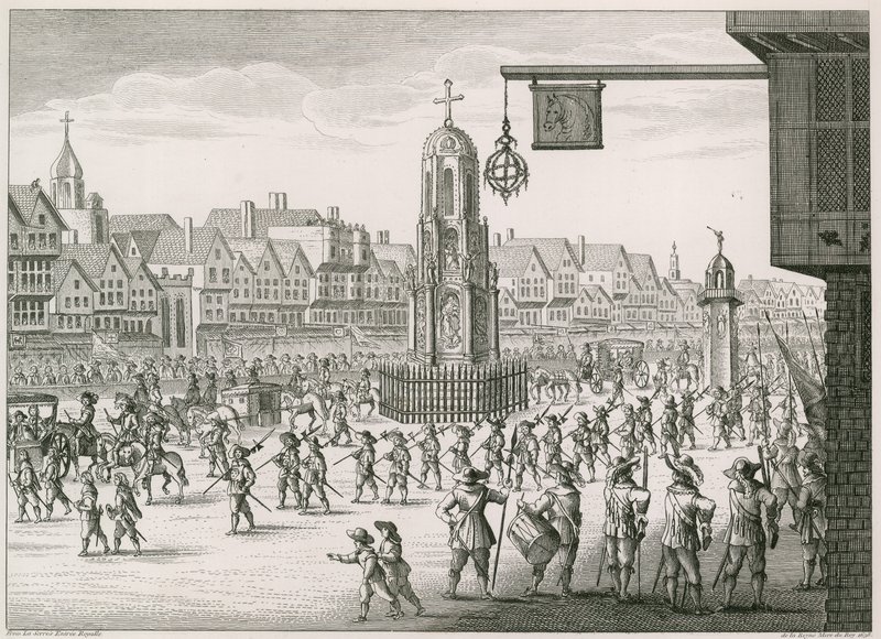 En nordøstlig utsikt over Cheapside med The Cross and Conduit av English School