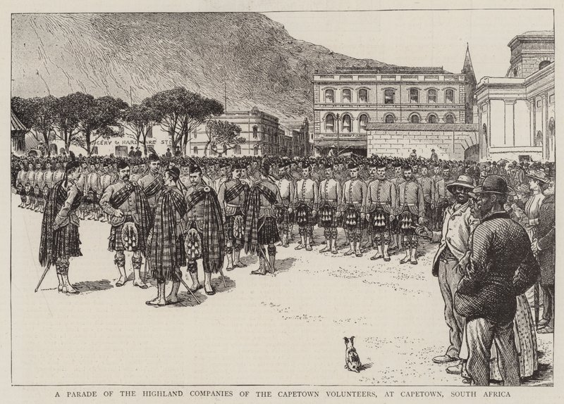 A Parade of the Highland Companies of the Capetown Volunteers, i Capetown, Sør-Afrika (gravering) av English School