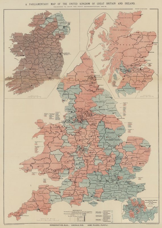 Et parlamentarisk kart over Storbritannia av Storbritannia og Irland (farge litho) av English School