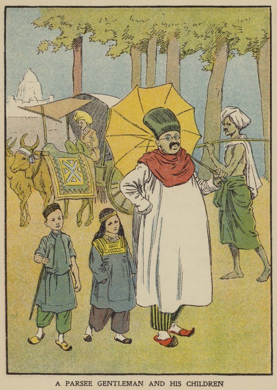 En Parsee gentleman og hans barn (farge litho) av English School