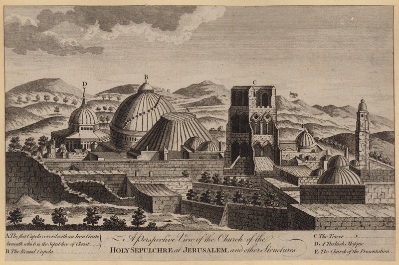 Et perspektivbilde av Den hellige gravs kirke i Jerusalem og andre strukturer (gravering) av English School