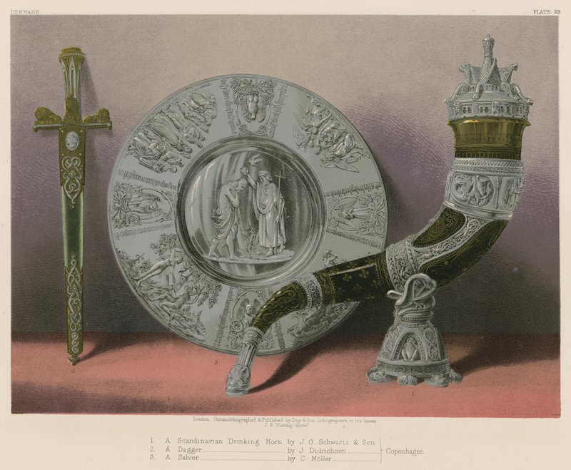 A Scandinavian Drinking Horn av J G Schwartz and Son, A Dagger av J Didrichsen, A Salver av C Møller, København av English School