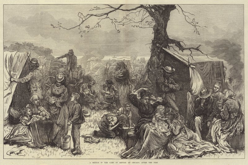 En skisse i Camp of Refuge i Chicago, etter brannen (gravering) av English School