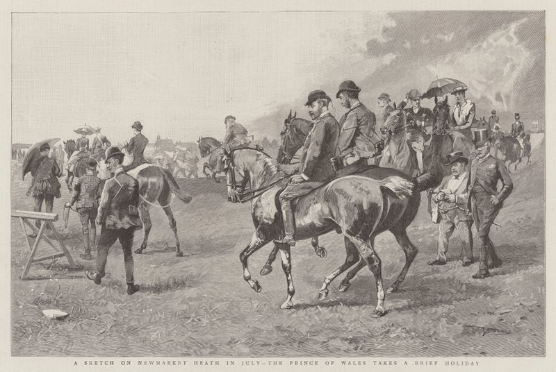 En skisse på Newmarket Heath i juli, prinsen av Wales tar en kort ferie (gravering) av English School