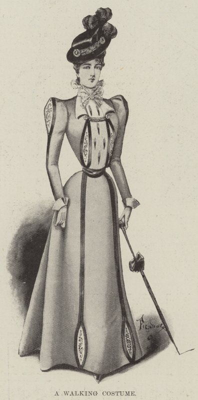 Et gåkostyme (litho) av English School