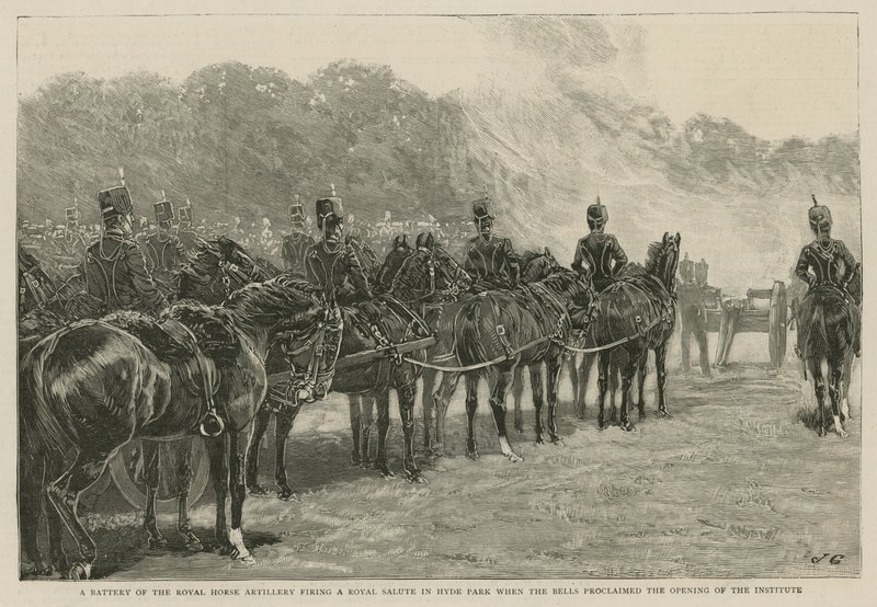 Et batteri av Royal Horse Artillery avfyrte en kongelig hilsen i Hyde Park da klokkene proklamerte åpningen av Imperial Institute av English School