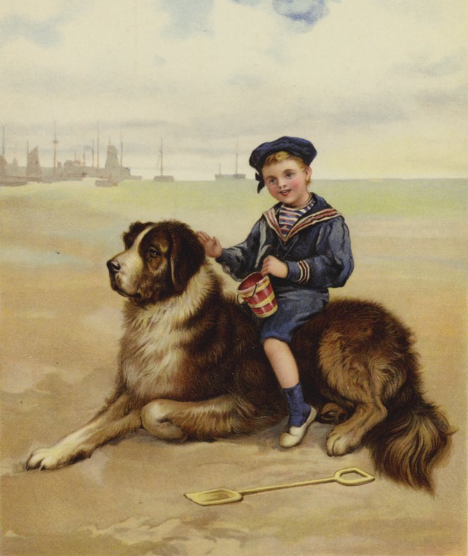 En gutt sitter på hunden sin på stranden av English School