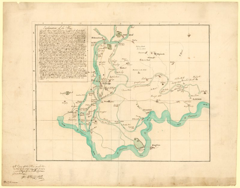 En kopi av planen anslått i år 1721 for å bringe en ny elv fra Uxbridge, korrigert, 6. februar 1766 av English School