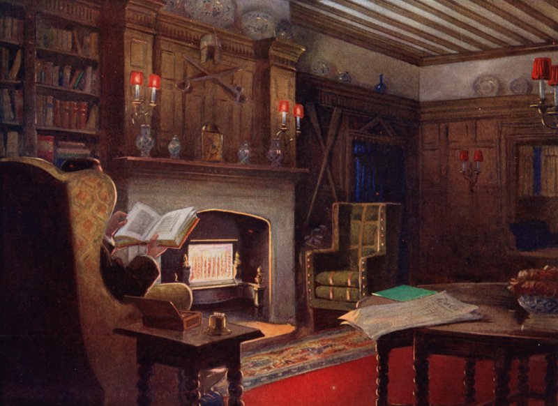 Et koselig hjørne i røykesalongen (farge litho) av English School
