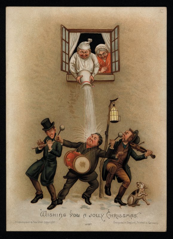 Et par som protesterer mot julesangere utenfor vinduet deres, julehilsenskort (chromolitho) av English School