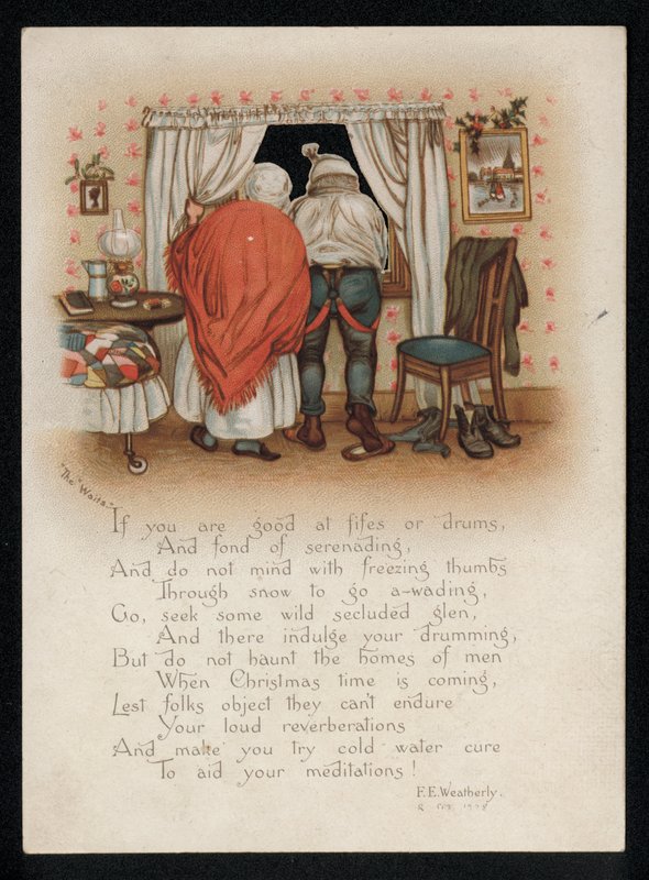Et par som protesterer mot julesangere utenfor vinduet deres, julehilsen. (chromolitho) av English School