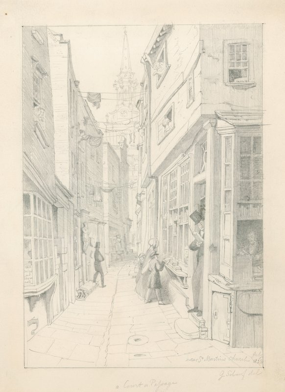 En domstol eller passasje nær St Martins Church, London, juli 1828 av English School