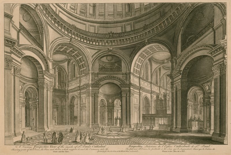 En nysgjerrig perspektivvisning av innsiden av St Pauls Cathedral, London av English School