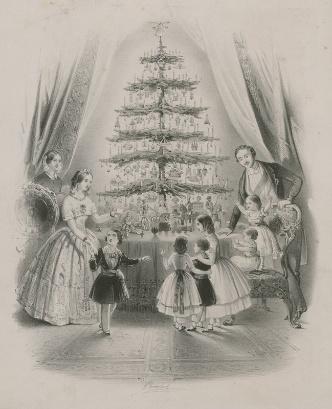 En familie som står rundt et juletre av English School