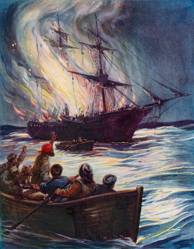 En brann på havet (farge litho) av English School