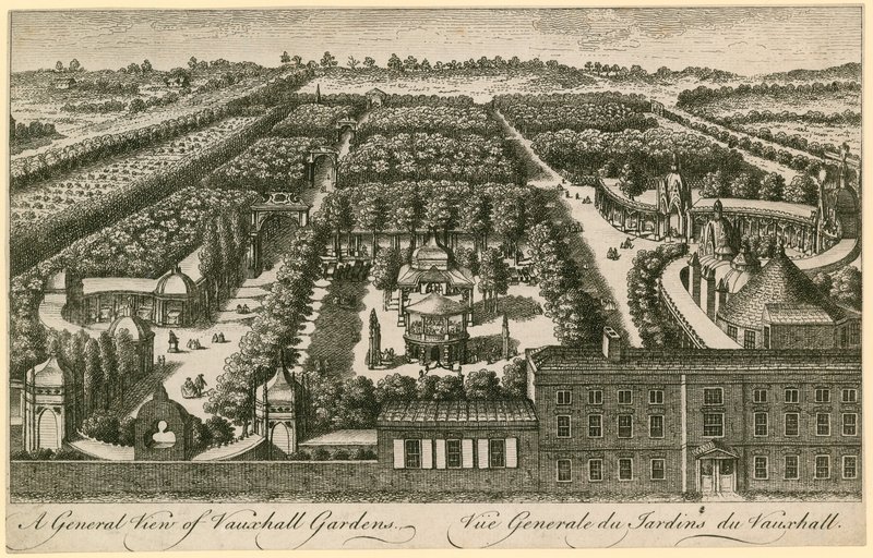 En generell oversikt over Vauxhall Gardens, London av English School
