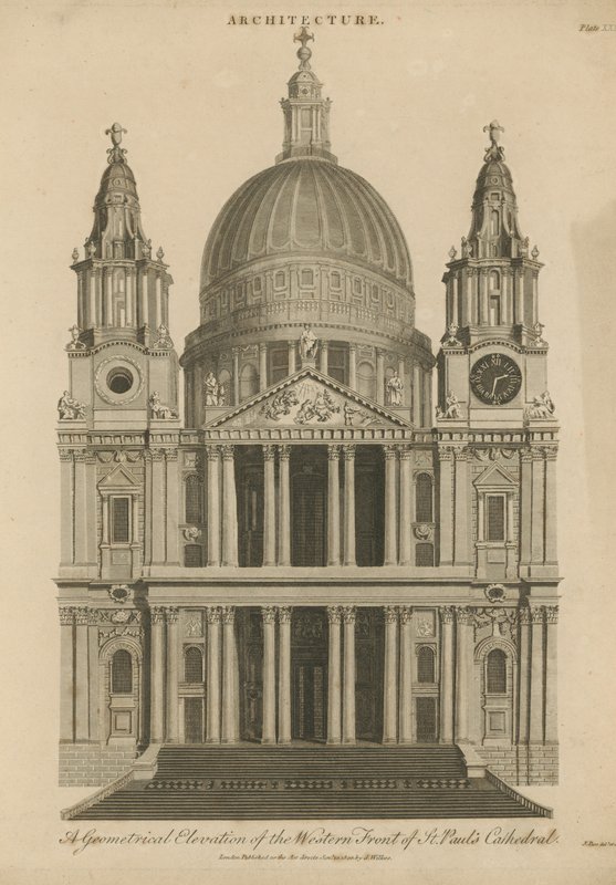En geometrisk høyde av den vestlige fronten av St Pauls Cathedral av English School